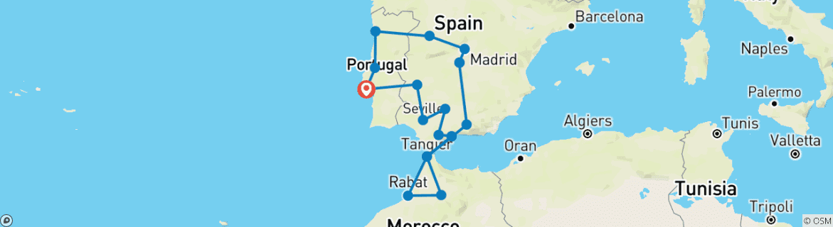 Carte du circuit Au départ de Lisbonne, 13 jours en Andalousie, au Maroc et à Porto