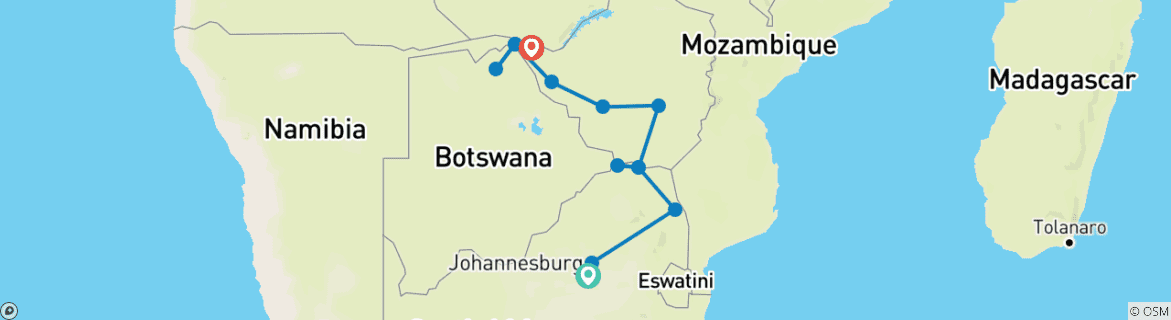 Image of a map showing the route of the tour