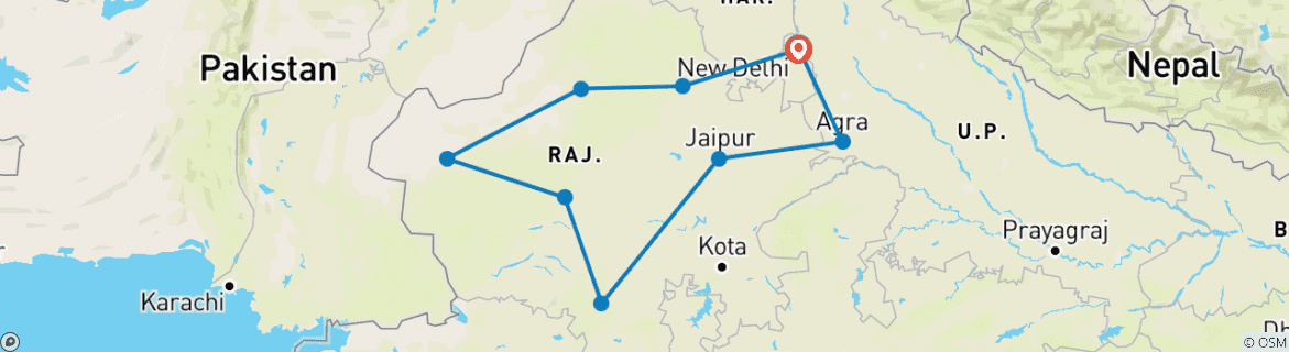 Image of a map showing the route of the tour