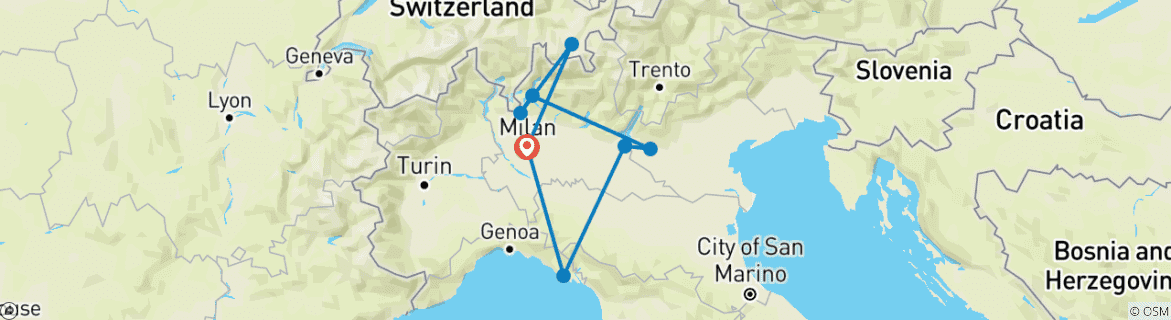 Mapa de Tren Bernina, St. Moritz, Lago Como, Bellagio, Verona, Sirmione y Cinque Terre - 6 Días