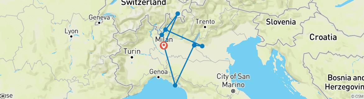 Carte du circuit Moritz, lac de Côme, Bellagio, Vérone, Sirmione et Cinque Terre - 6 jours