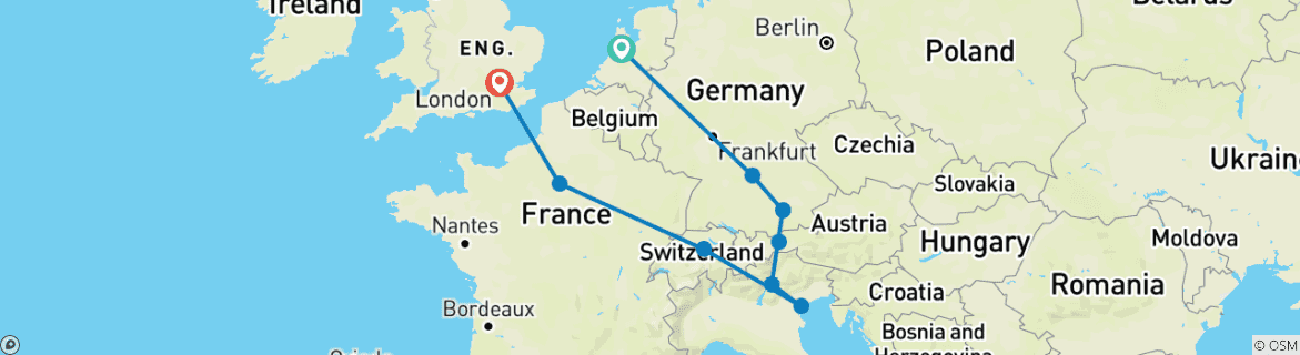 Image of a map showing the route of the tour