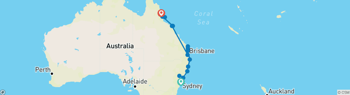 Carte du circuit 14 jours de Sydney à Cairns avec Fraser Island 4WD et Whitsundays