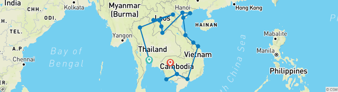 Carte du circuit 38 jours d'aventure en boucle en Asie du Sud-Est