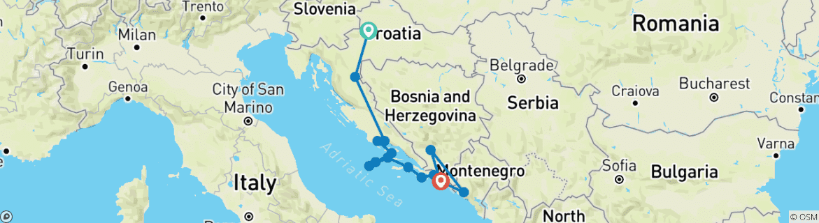 Carte du circuit PERLES DE L'ADRIATIQUE - ZG-TR-DU-MOSTAR-KOTOR-DUBROVNIK