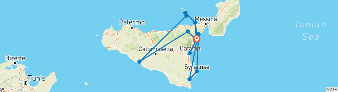 Image of a map showing the route of the tour