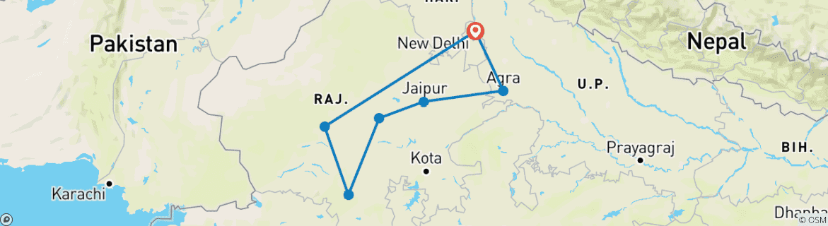 Image of a map showing the route of the tour