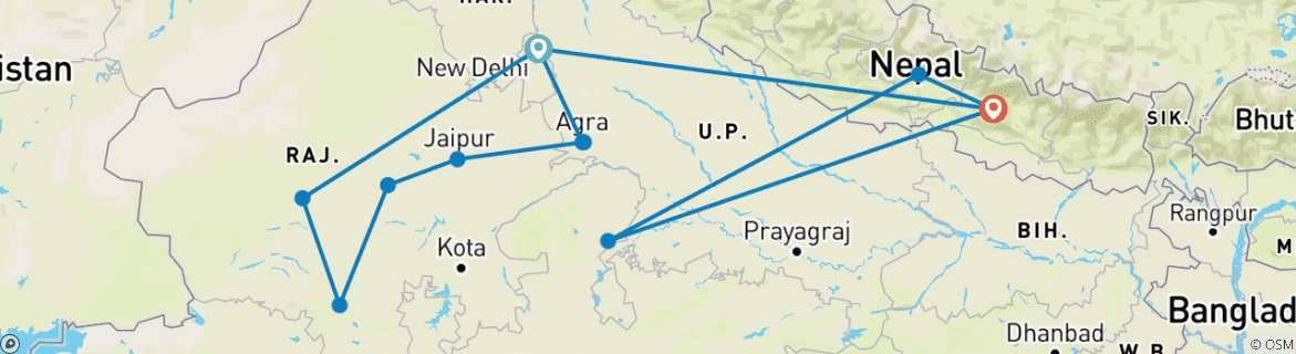 Image of a map showing the route of the tour