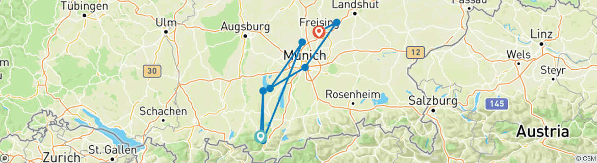 Image of a map showing the route of the tour