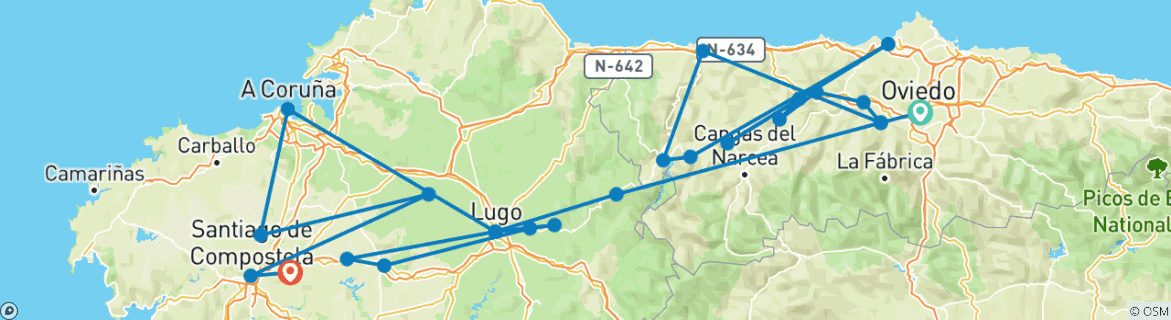 Karte von Jakobsweg Camino Primitivo – Der ursprüngliche Jakobsweg von Oviedo nach Santiago (16 Tage)
