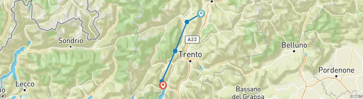 Image of a map showing the route of the tour