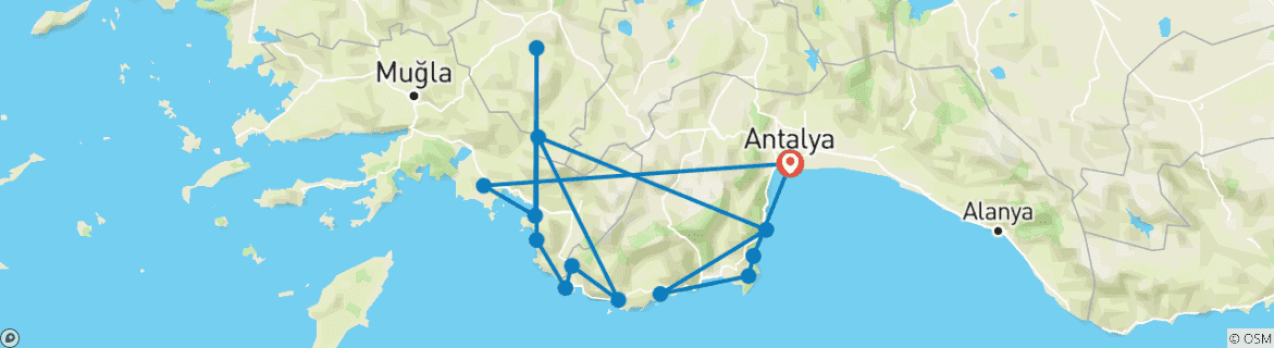 Image of a map showing the route of the tour