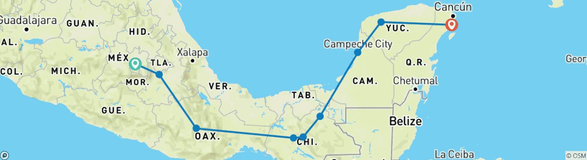 Kaart van Ervaar de hoogtepunten van Mexico (19 dagen)