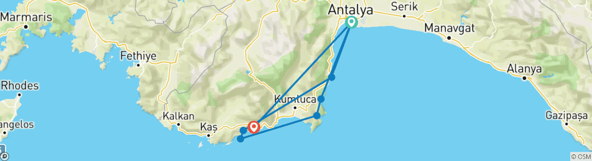 Image of a map showing the route of the tour