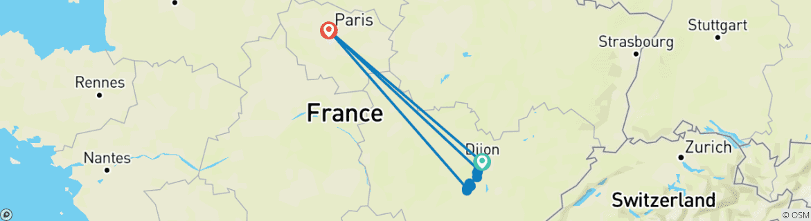 Image of a map showing the route of the tour