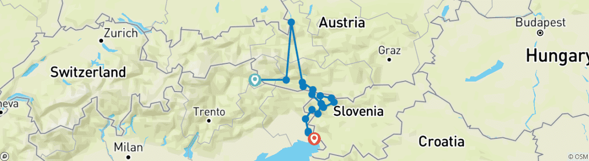 Image of a map showing the route of the tour
