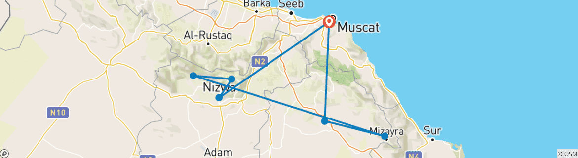 Image of a map showing the route of the tour