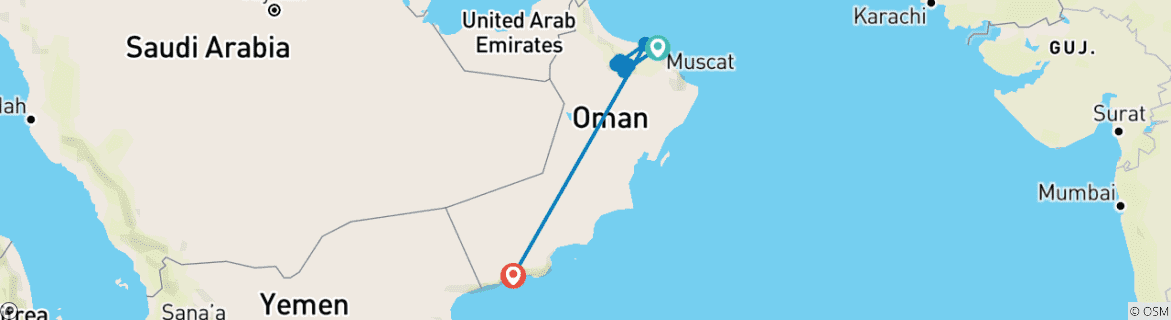 Karte von Trekking im Oman: Traverse im Westlichen Hajar Gebirge mit Salalah (13 Tage)