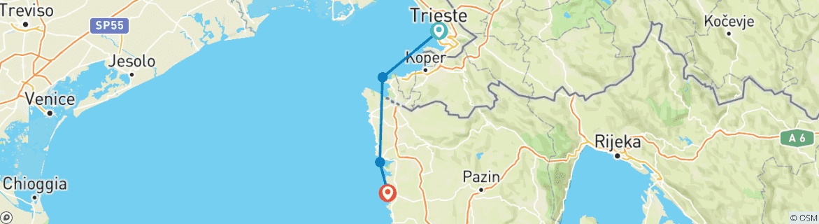 Image of a map showing the route of the tour