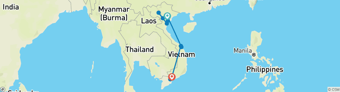 Image of a map showing the route of the tour