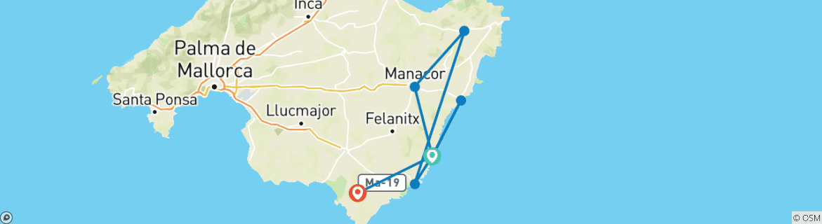 Image of a map showing the route of the tour