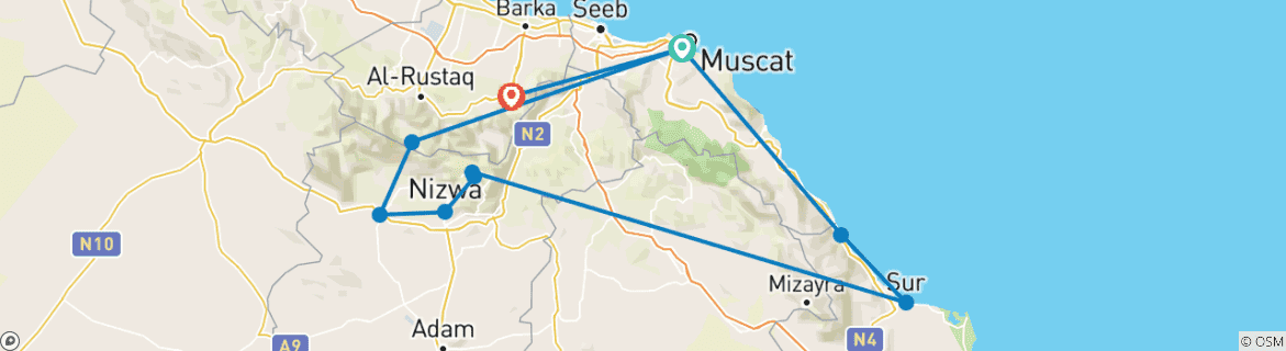 Image of a map showing the route of the tour