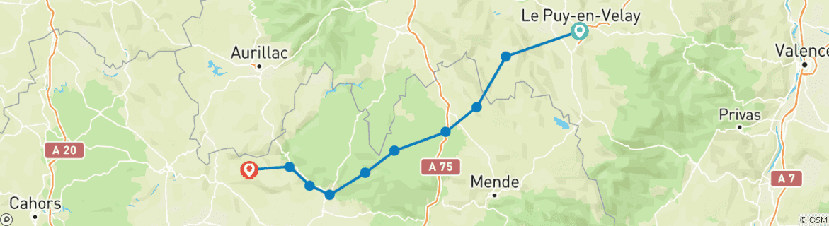 Image of a map showing the route of the tour