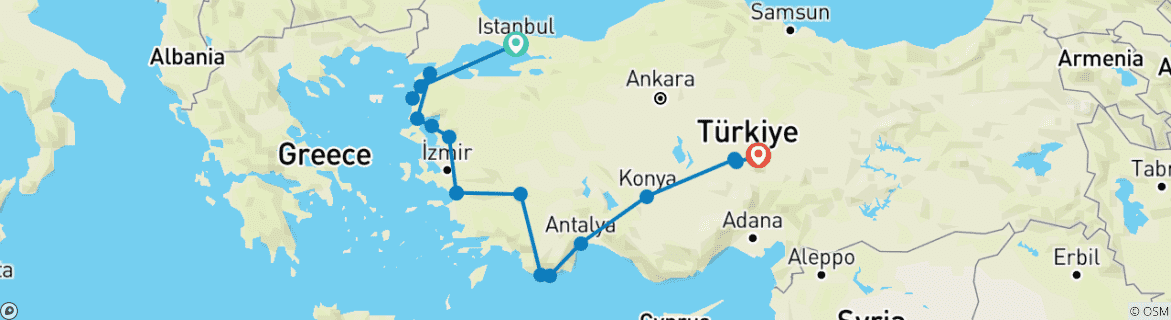 Image of a map showing the route of the tour