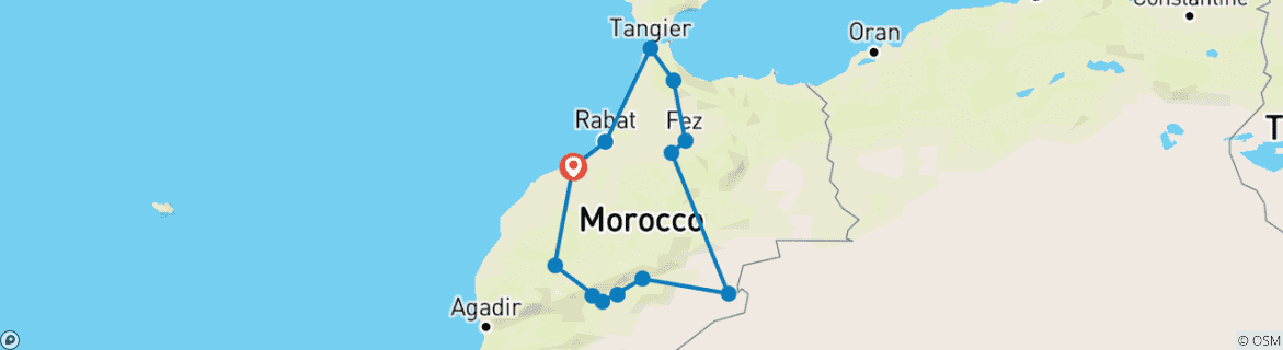 Image of a map showing the route of the tour