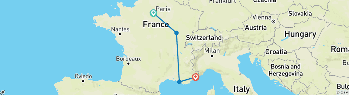 Carte du circuit Voyage aventureux de 10 jours en France (Paris, Dijon, Marseille et Nice)