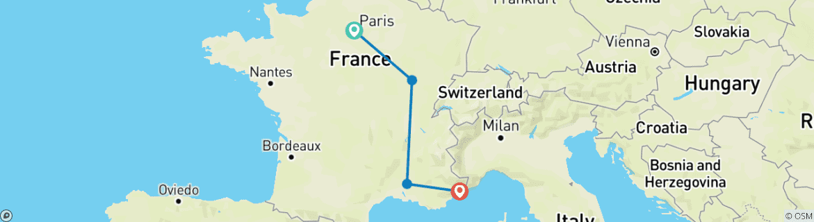 Carte du circuit Voyage aventureux de 10 jours en France (Paris, Dijon, Avignon et Nice)
