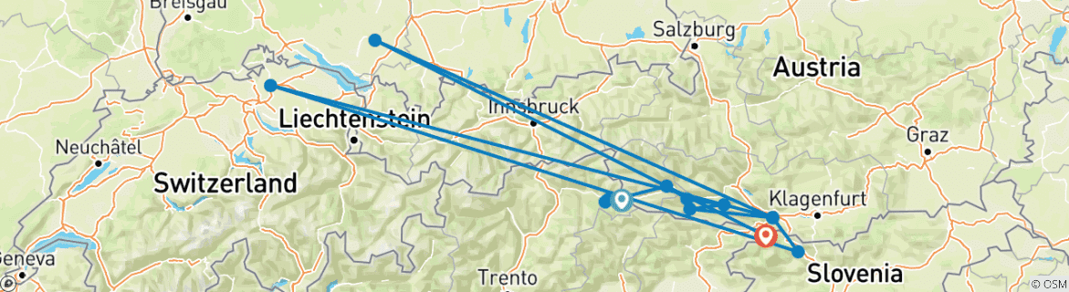 Karte von Fünfzehn Seen zwischen Tirol, Kärnten und Slowenien (7 Tage)