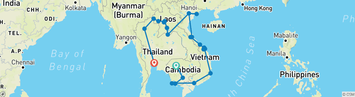 Image of a map showing the route of the tour