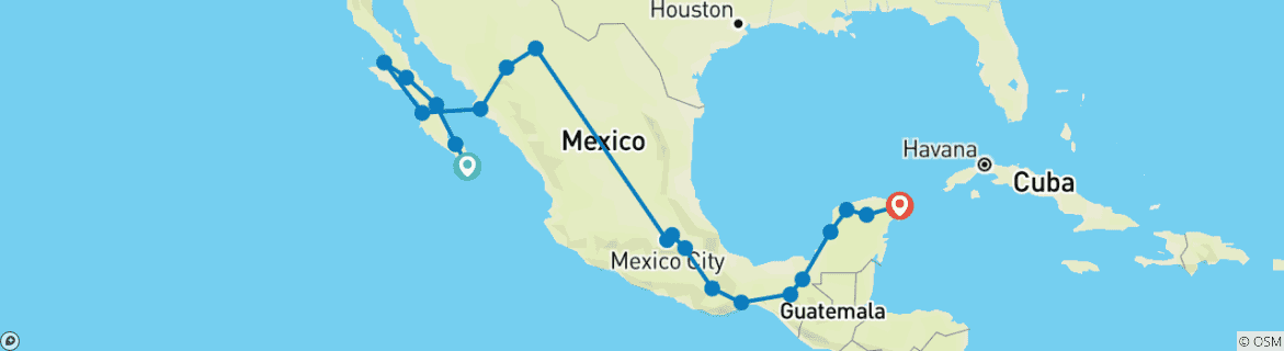 Image of a map showing the route of the tour