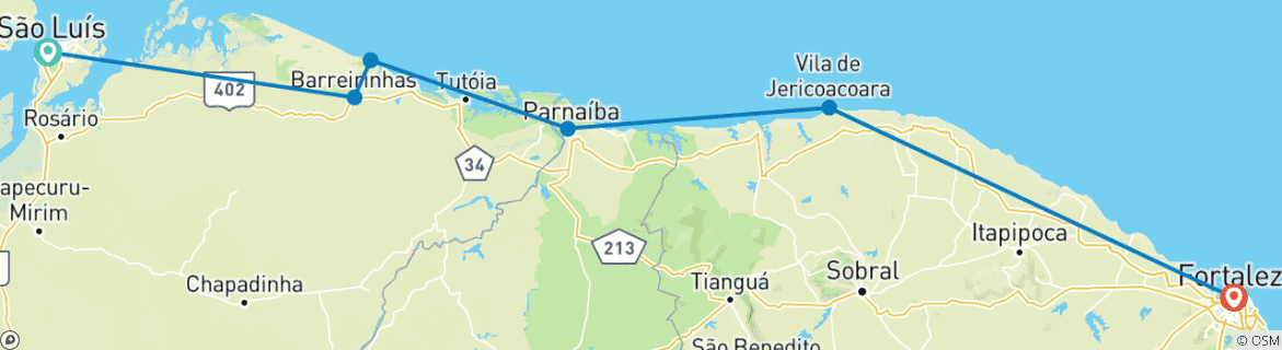 Carte du circuit Brésil : São Luís, Barreirinhas, Atins, Parnaíba, Jericoacoara & Fortaleza - 9 jours