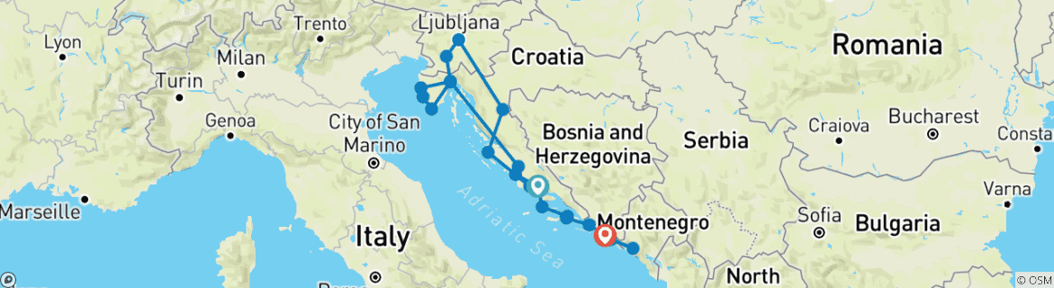 Karte von Die Schätze Kroatiens mit Slowenien und Montenegro