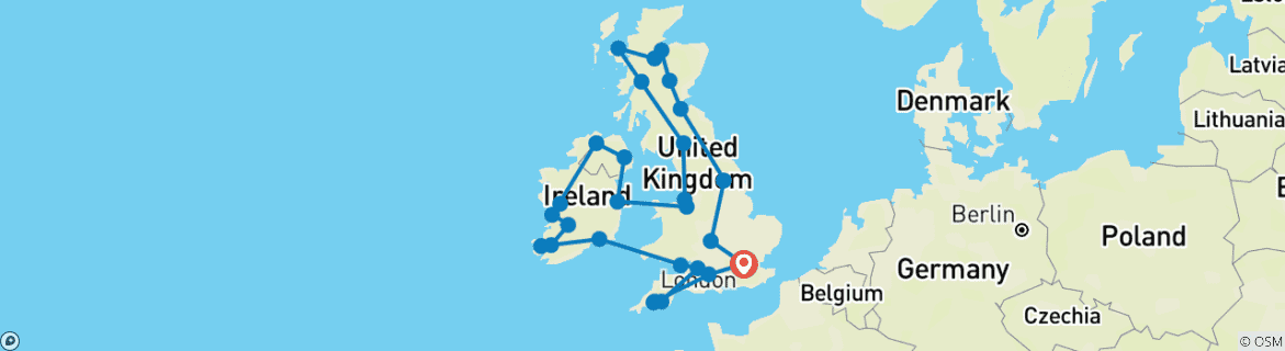 Carte du circuit Grandeur de la Grande-Bretagne et de l'Irlande à l'envers (nuits à Londres)