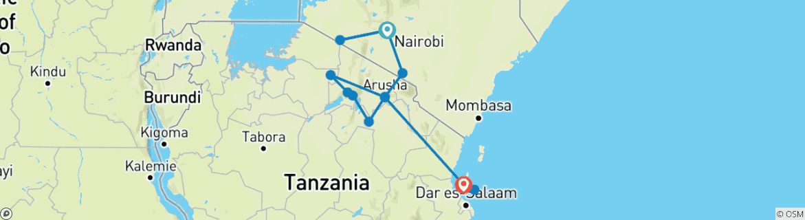 Image of a map showing the route of the tour
