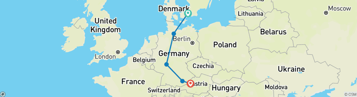 Image of a map showing the route of the tour