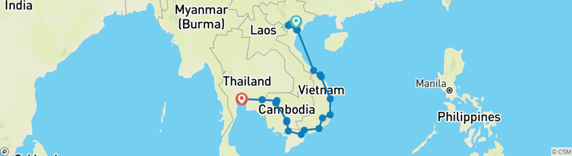 Carte du circuit Cycle Asie du Sud- Est (from Hanoi to Bangkok)