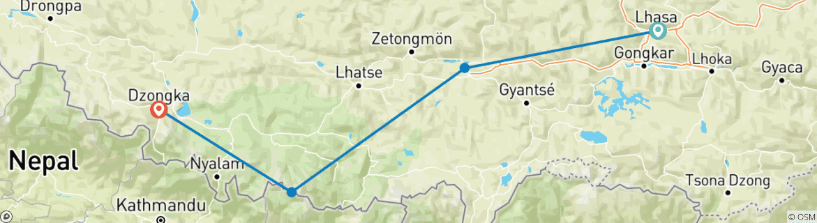 Mapa de 7 Días Lhasa-EBC-Frontera de Gyirong (Nepal) por tierra Viaje en grupo reducido (máx. 15) | Paquete de Aventura en China Occidental