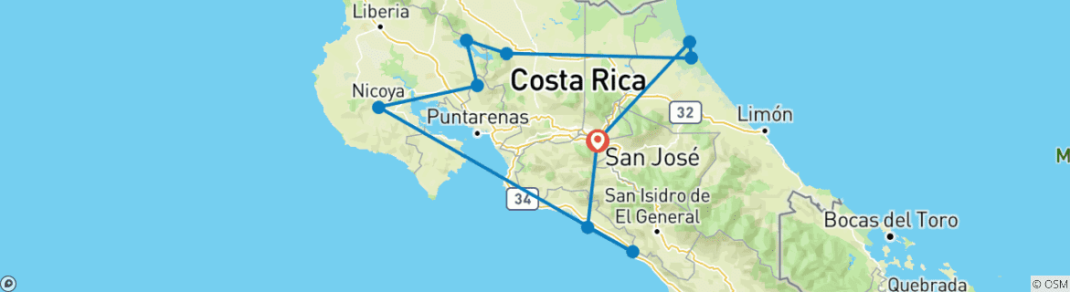 Carte du circuit Meilleures vacances en famille au Costa Rica