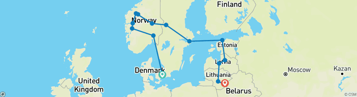Image of a map showing the route of the tour