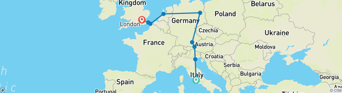 Image of a map showing the route of the tour