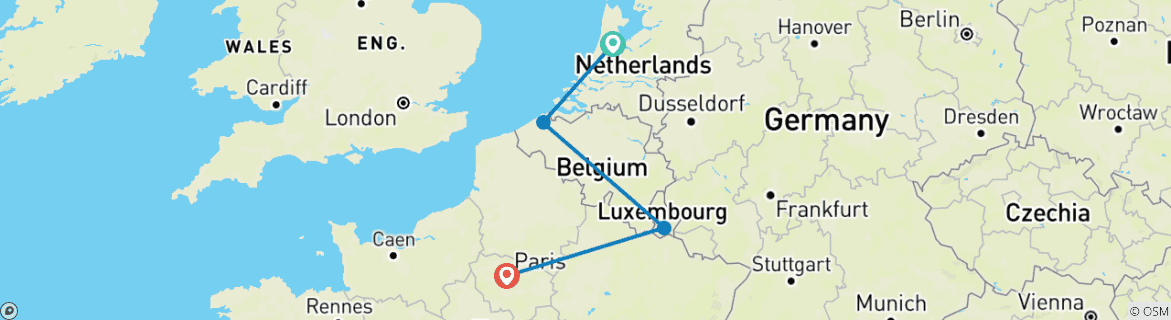 Image of a map showing the route of the tour