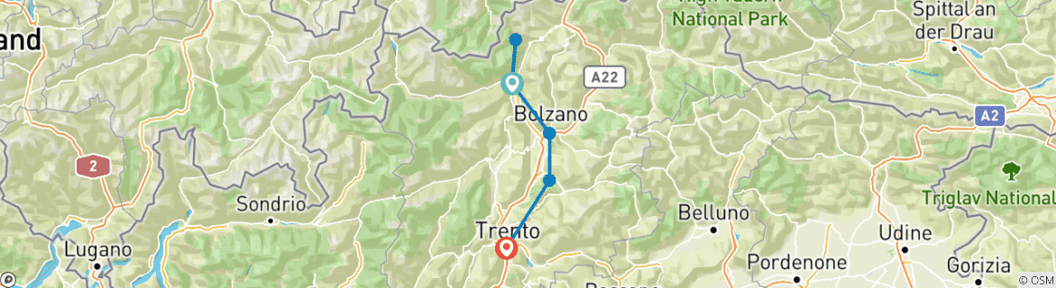 Image of a map showing the route of the tour