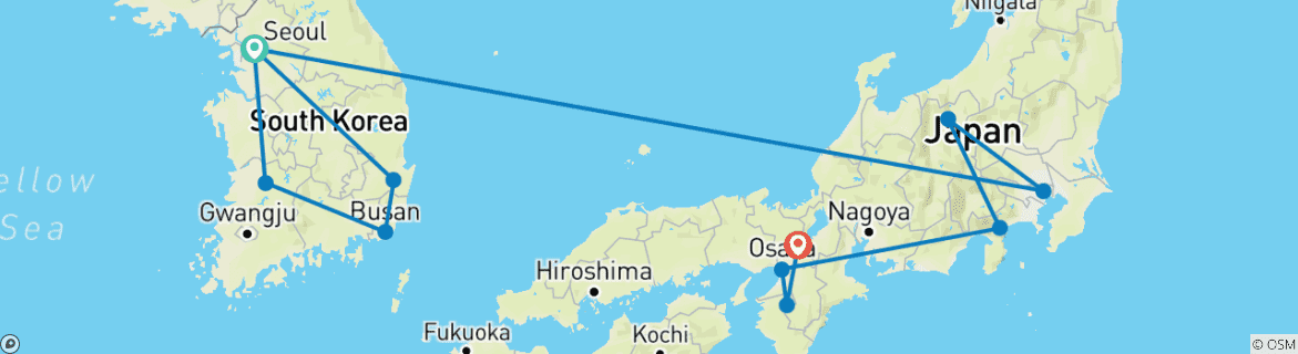 Image of a map showing the route of the tour