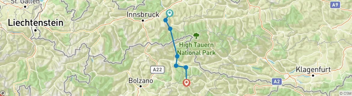 Image of a map showing the route of the tour