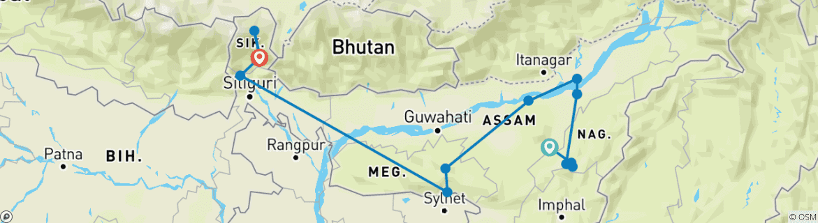 Foto van een kaart met de route van de rondreis