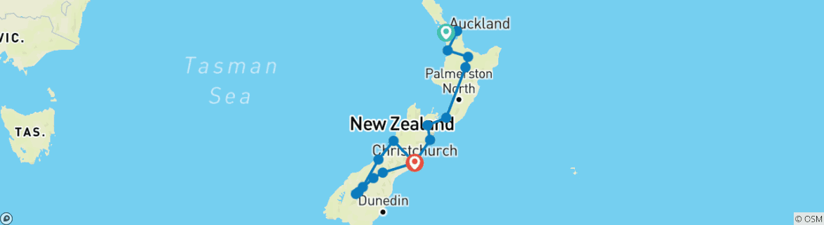 Carte du circuit Nouvelle-Zélande à découvert (vers le sud)